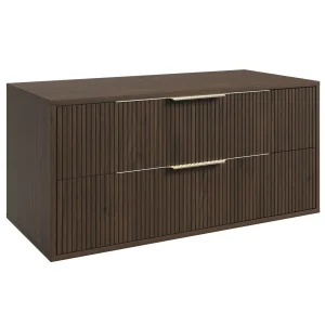 Badplaats Wastafelkast Rimini 100 cm – Walnoot Bruin – Hangend Badmeubel met 2 Lades en Gouden Handgrepen