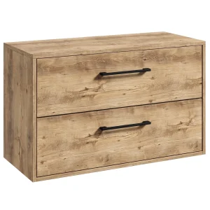 Badplaats Wastafelkast Florence 80 x 46 cm – Kastanje Eiken – Hangend Badmeubel met 2 Lades en Zwarte Handgrepen
