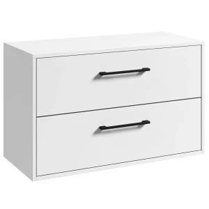 Badplaats Wastafelkast Florence 80 x 46 cm – Hoogglans Wit – Hangend Badmeubel met 2 Lades en Zwarte Handgrepen